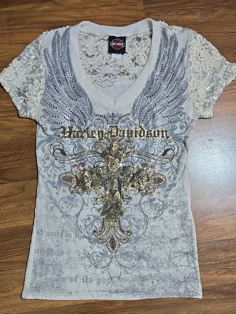 Harley-Davidson RARE Y2K Made In USA V-neck Embellished Short Sleeve Sweater Top